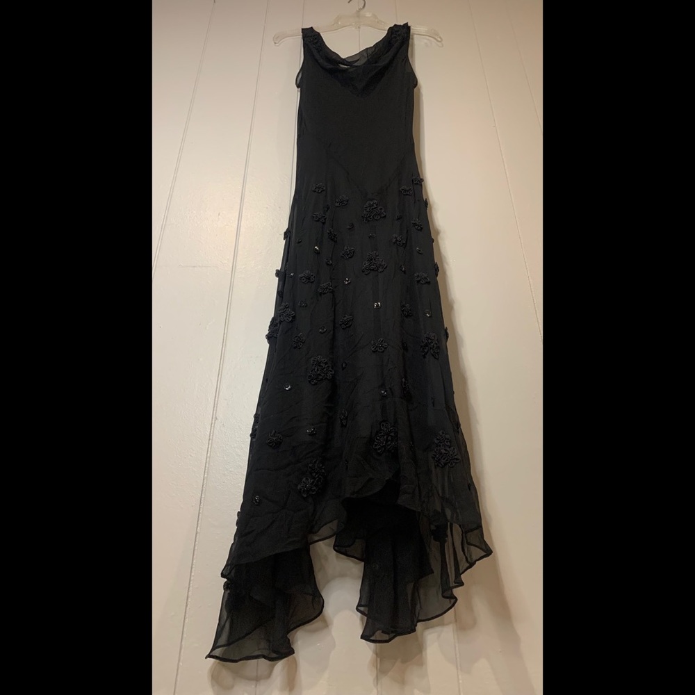 Stunning Black cocktail dress- lacy, satin with sheer beaded overlay. Size 14